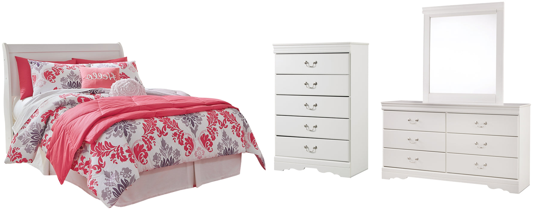 Anarasia Full Sleigh Headboard with Mirrored Dresser and Chest