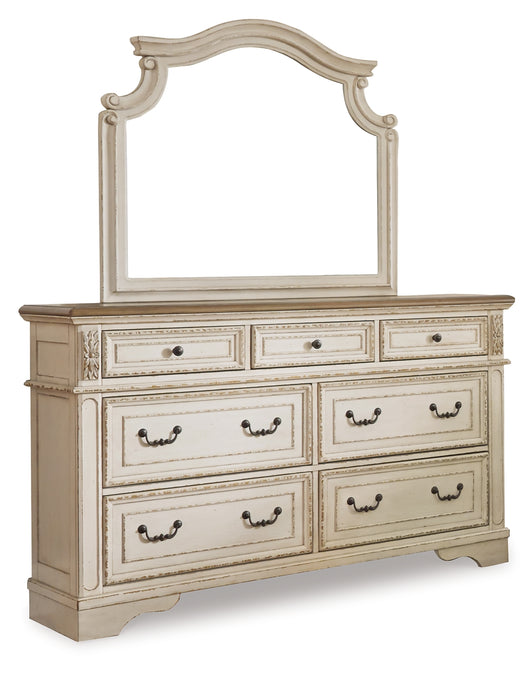 Realyn  Upholstered Panel Bed With Mirrored Dresser And Chest