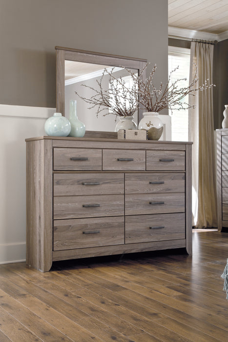 Zelen King Panel Bed with Mirrored Dresser and Chest