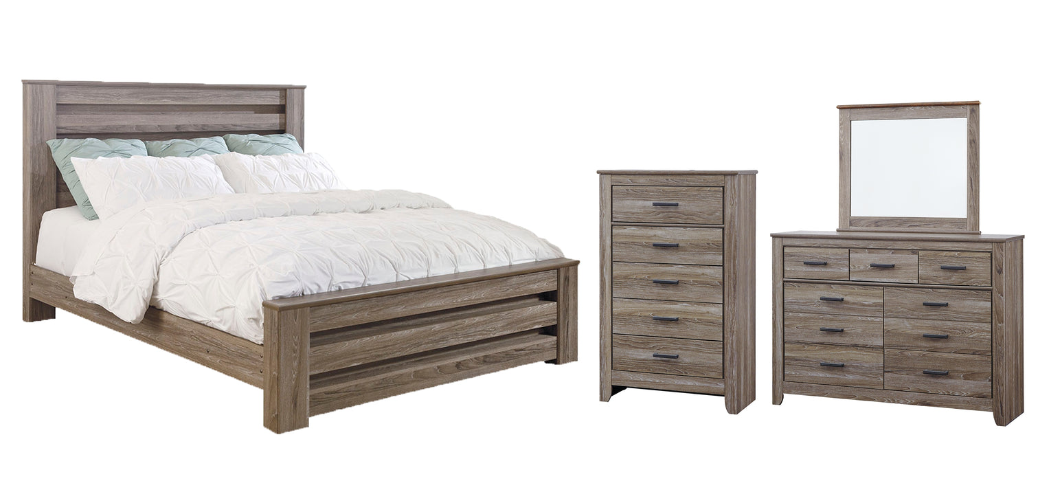 Zelen King Panel Bed with Mirrored Dresser, Chest and Nightstand