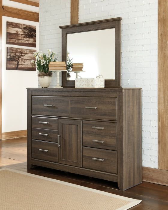 Juararo Queen Panel Headboard with Mirrored Dresser, Chest and Nightstand