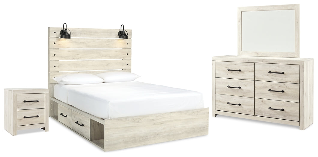 Cambeck Queen Panel Bed with 2 Storage Drawers with Mirrored Dresser and Nightstand